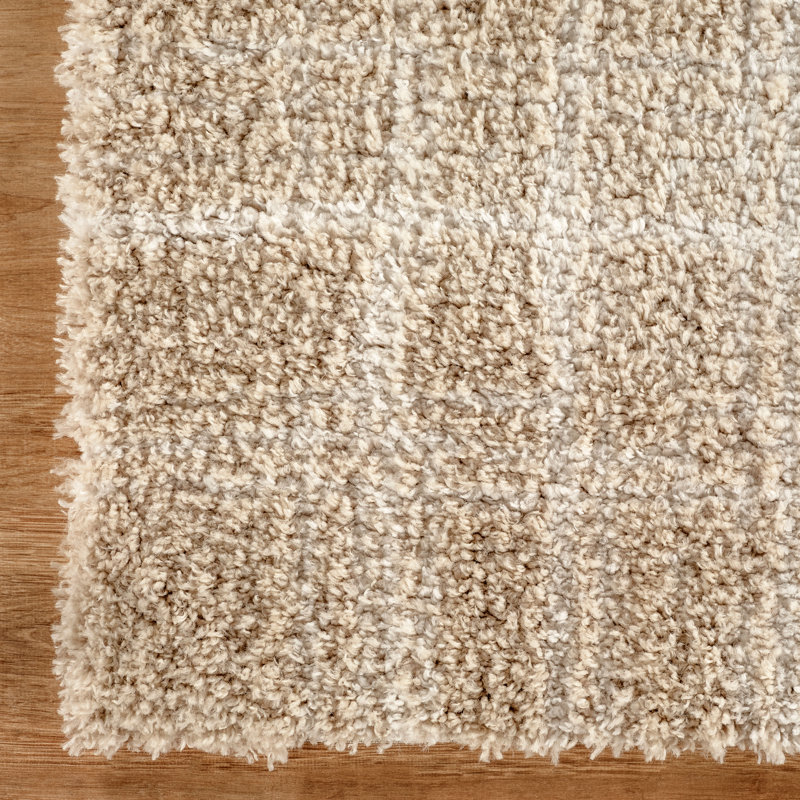 Nordic Beige & Ivory Striped Shag Modern Rug, Beige/Ivory, 6'4" x 9'4"