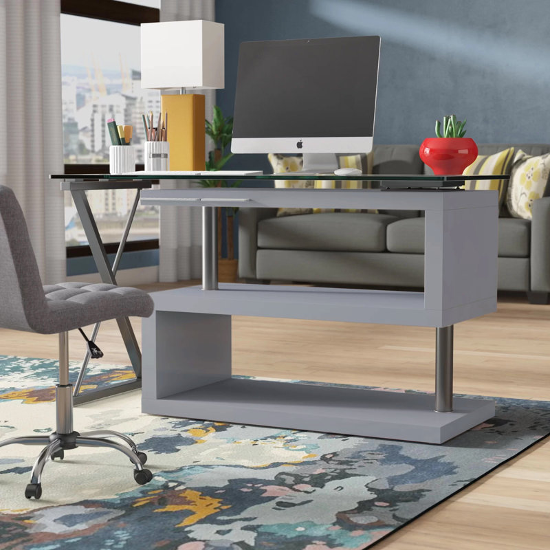 Folden L-Shaped Glass Top Computer Desk, Grey