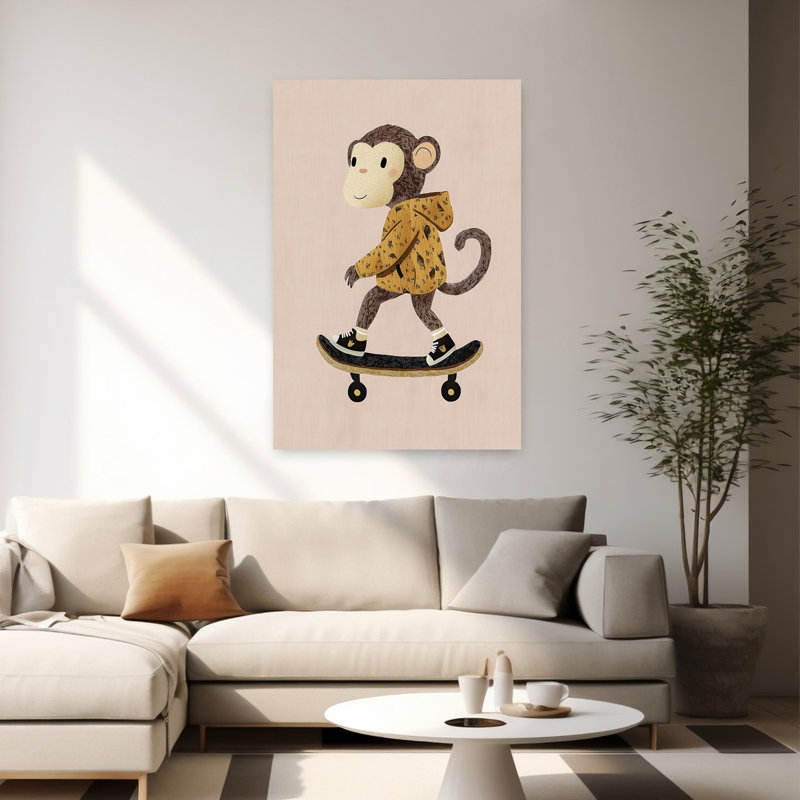 Cute Monkey Skater Playful Contemporary Monkey Wall Art Print 1 Piece Wrapped Canvas Wall Art, 152.4cm H x 101.6cm W