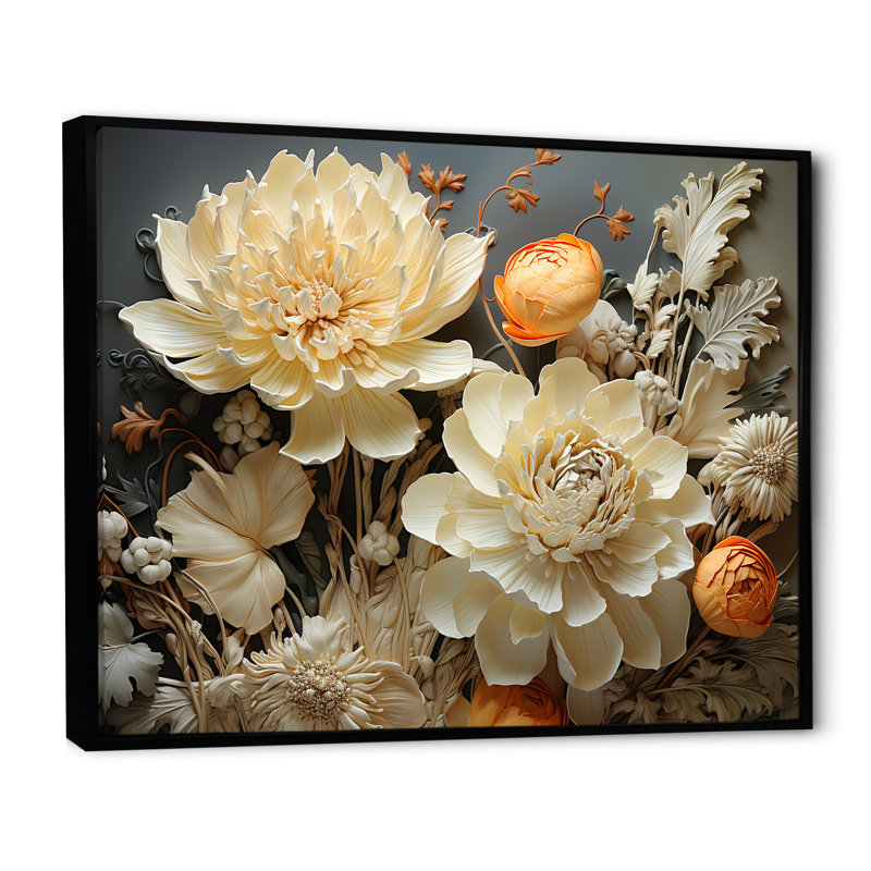 Ivoire floral complexe sur toile, Cadre flottant noir, H 16 po x l 32 po x P 1 po