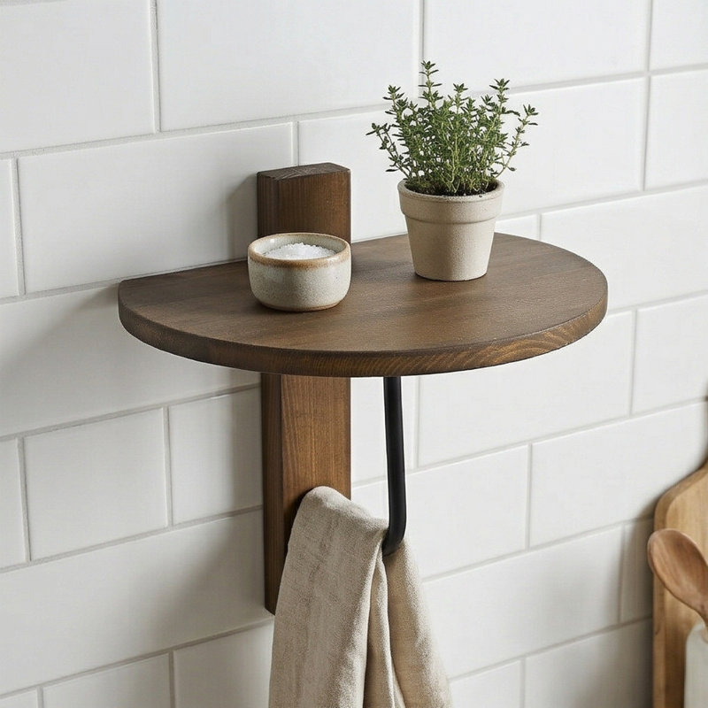 Marlowe 14" Solid Wood Half-Moon Wall Shelf with Integrated Hook