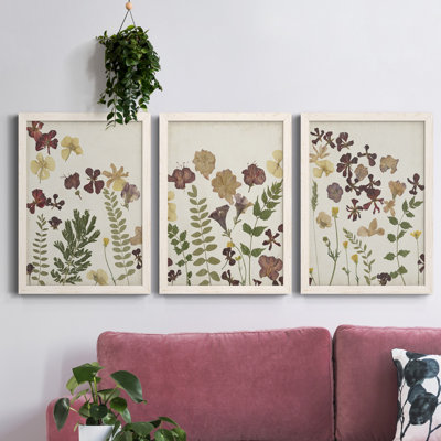 Pressed Flower Arrangement I - Ensemble de 3 peintures sur toile encadrées