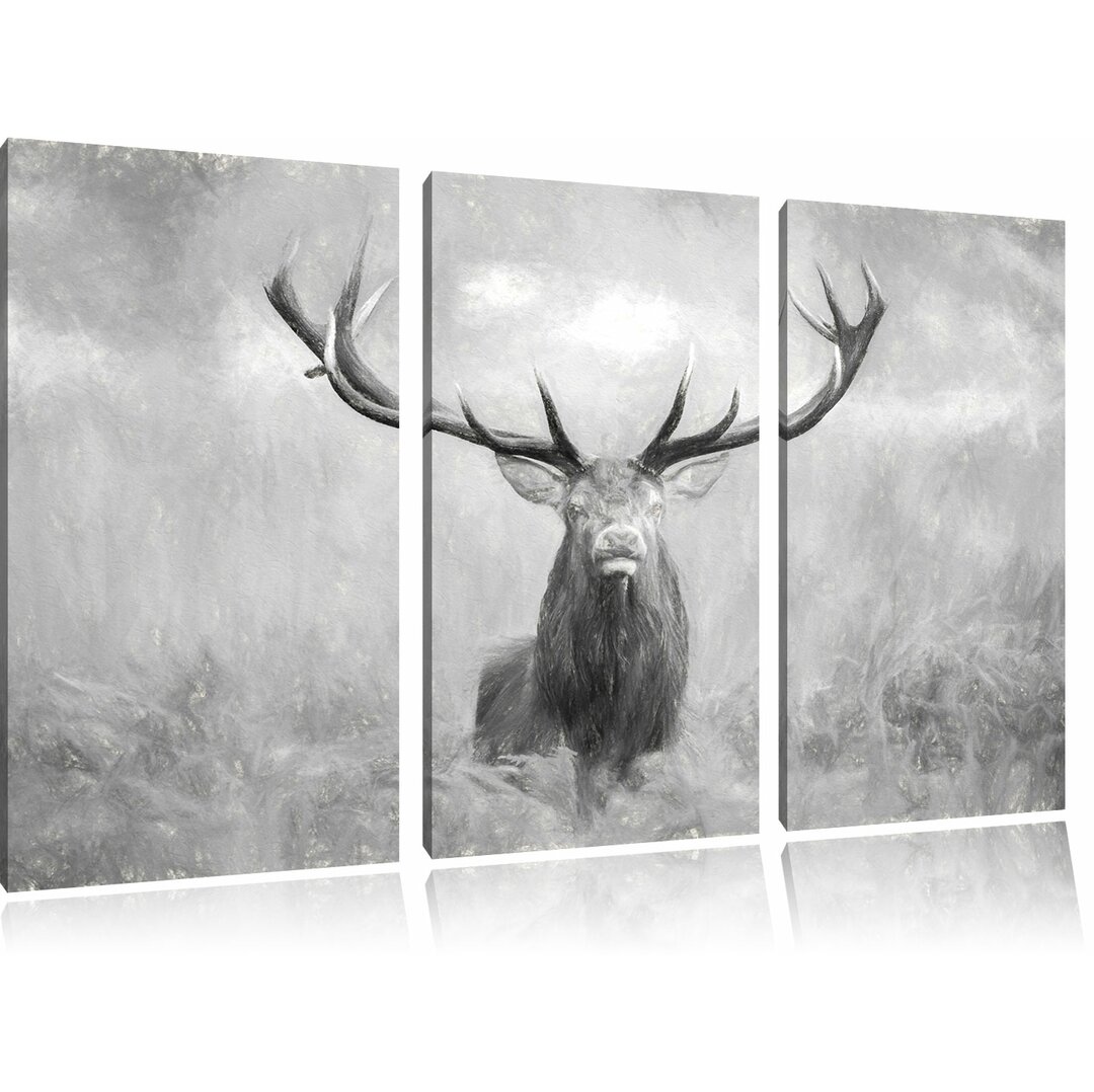 3-tlg. Leinwandbild-Set „Großer Hirsch im Feld“, Kunstdruck