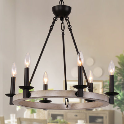 6-Light Candle Style Wagon Wheel Chandelier, Farmhouse Round Pendant Light for Dining Room, Kitchen, Living Room, UL Listed