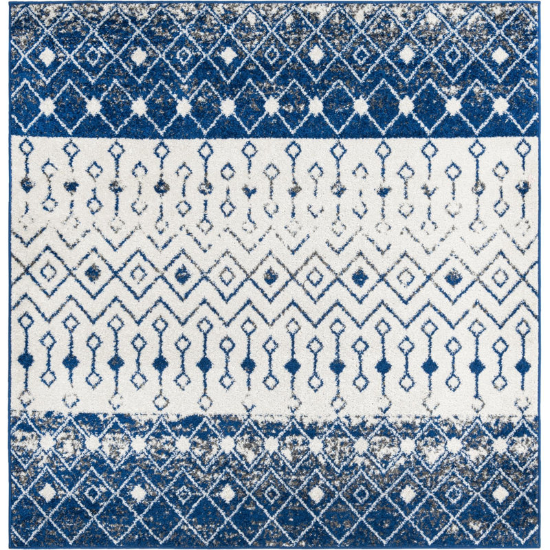 Tapis abstrait en polypropylène tissé à la machine Bradley-Joe en ivoire / bleu marine, Carré de 6 pi
