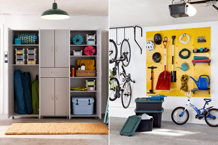 tall freestanding garage cabinet with camping supplies on the left; yellow pegboard storage on the right