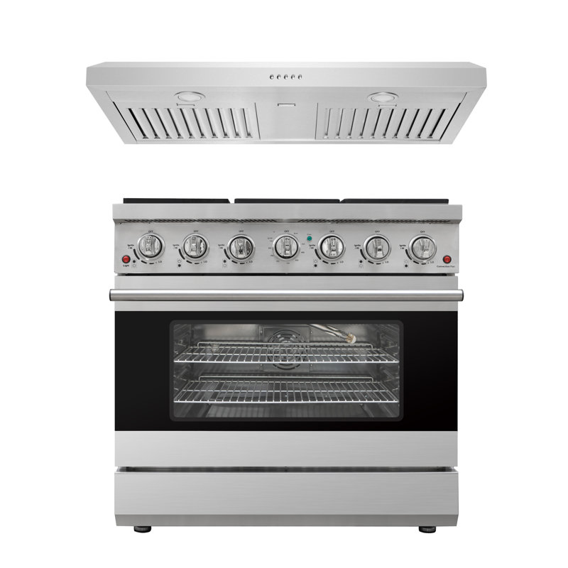 Cuisinière au gaz autoportante de 36 po en acier inoxydable avec hotte sous l'armoire Duro Kitchen, 6 brûleurs