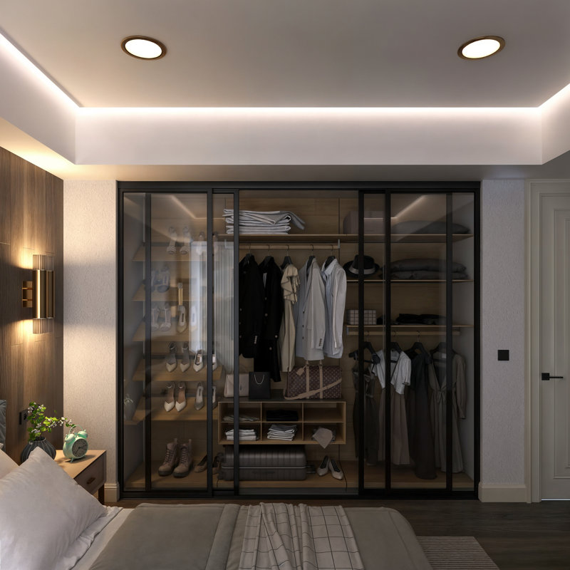 Cloison 4 panneaux coulissants en verre transparent - structure en aluminium avec technologie Silent Glide, Noir