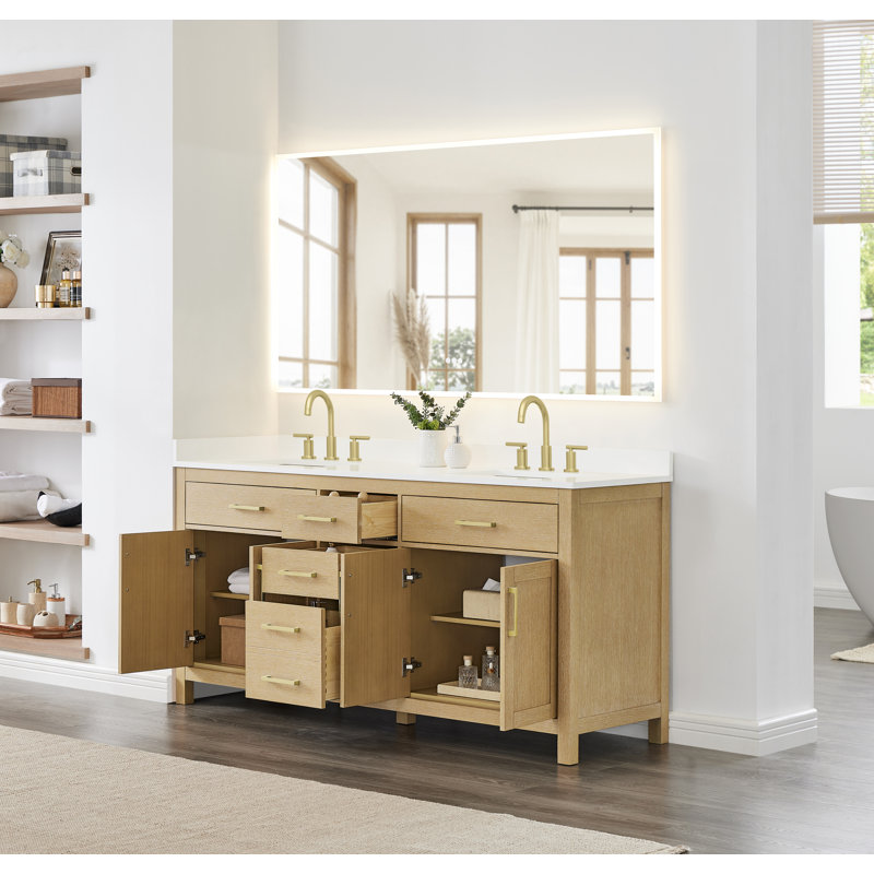 Beckett 72" Freestanding Double Bathroom Vanity with Quartz Top, Brushed Gold, White Quartz, Whitewashed Oak