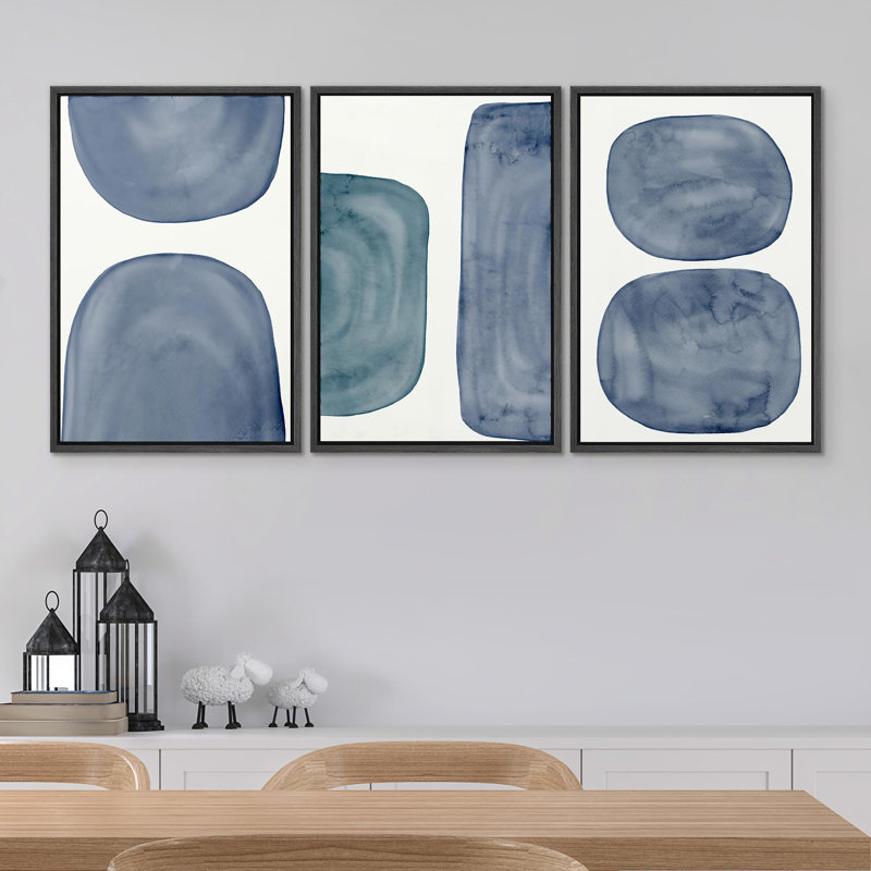 Abstract Geometry " Blue Pastel Polygon And Circle Collages Illustration Modern Bohemian Scenic Ultra " 3 - Pieces, Noir