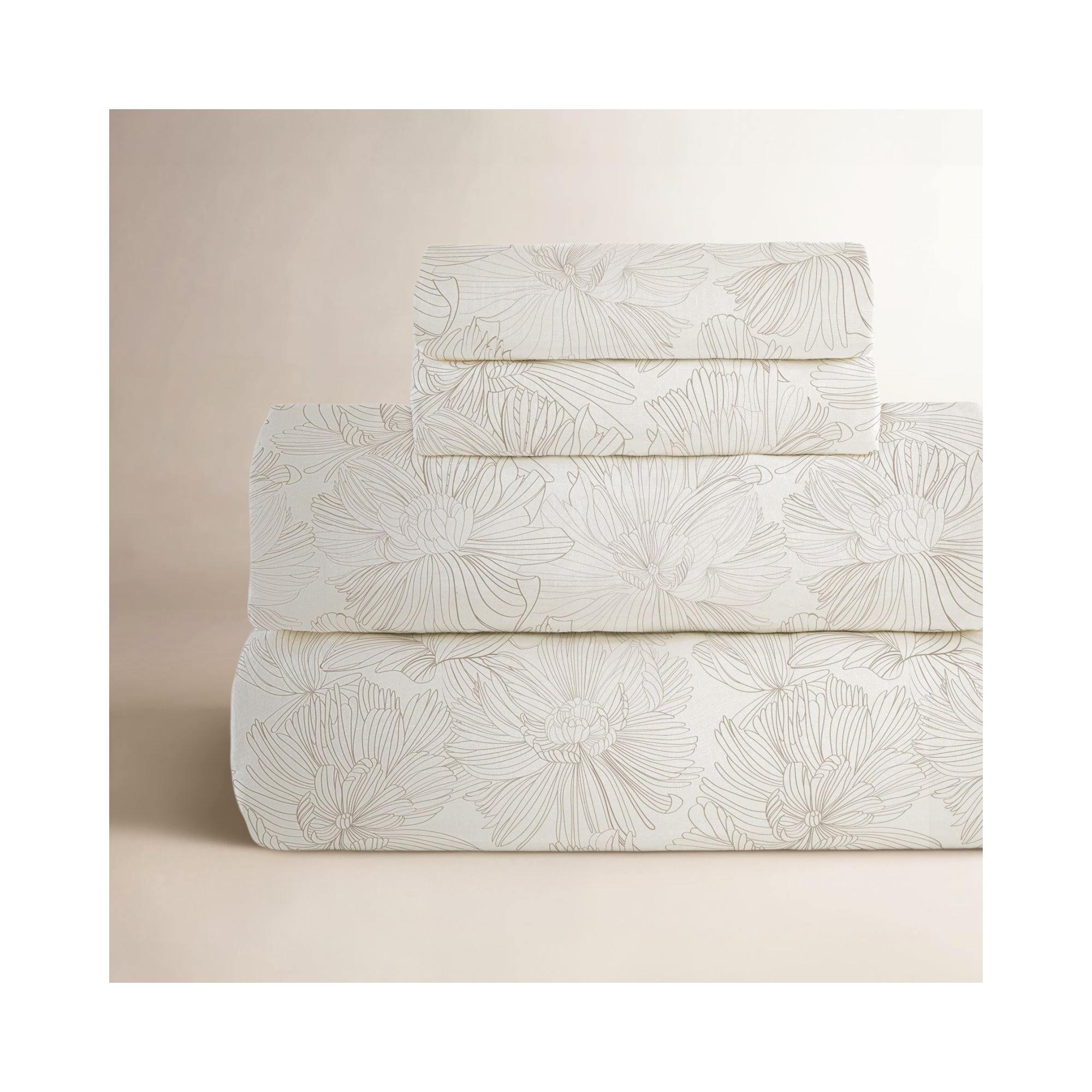 100% French Linen Sheet Set, Queen Sheet Set with 2 Pillowcases, Cream/Putty Floral