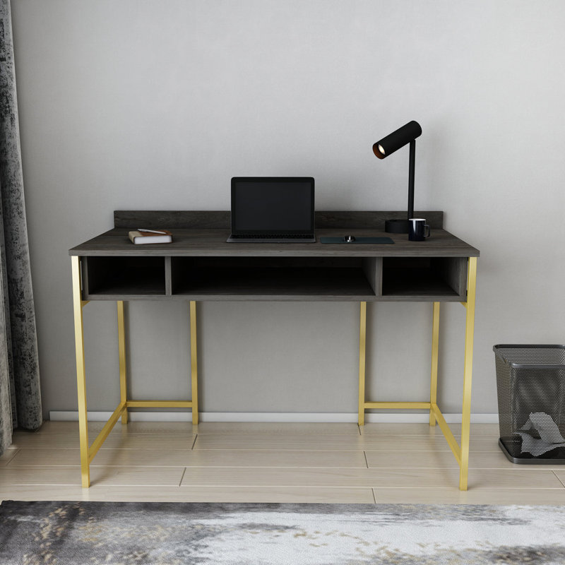 Alma Desk Metal Base Writing Desk, Dark Gray Oak/Gold