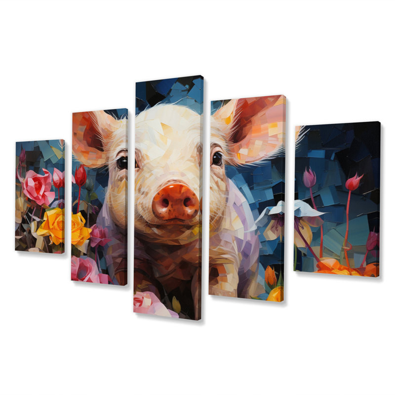 Collage de porcelets curieux roses - décoration murale animaux - 5 panneaux