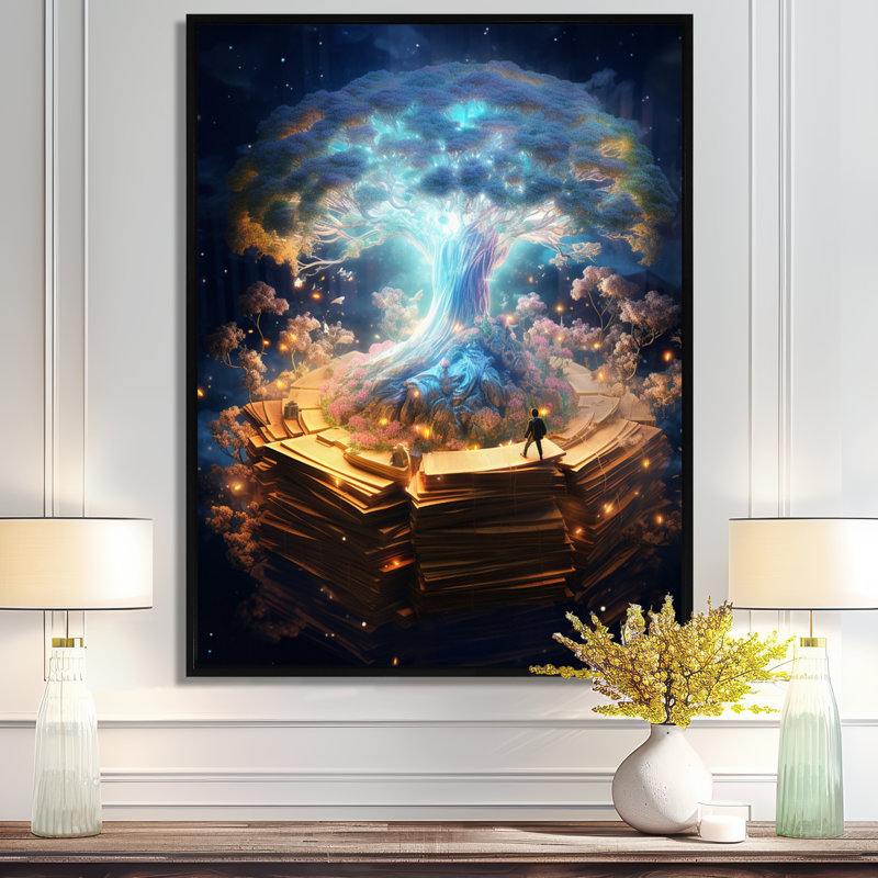«The Universe l'intérieur du livre magique», art mural surréalisme, H 20 po x l 12 po x P 1 po, Cadre flottant noir