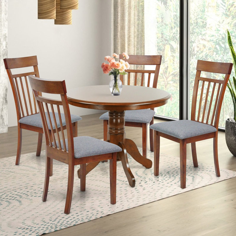 Ensemble de table de salle à manger 5 pièces, 4 chaises chaudes en bois massif de style classique avec table ronde à piédestal, ensemble de salle à manger avec coussins gris