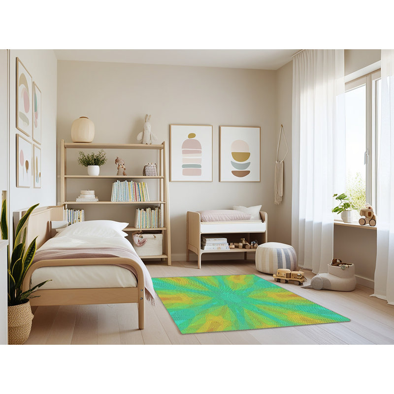 Tapis vert/jaune tissé à la machine, Rectangle 4 pi x 6 pi