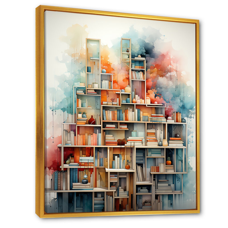Impression sur toile, bibliothèque colorée, minimalisme minimaliste - Bâtiments et paysages urbains, Cadre flottant doré