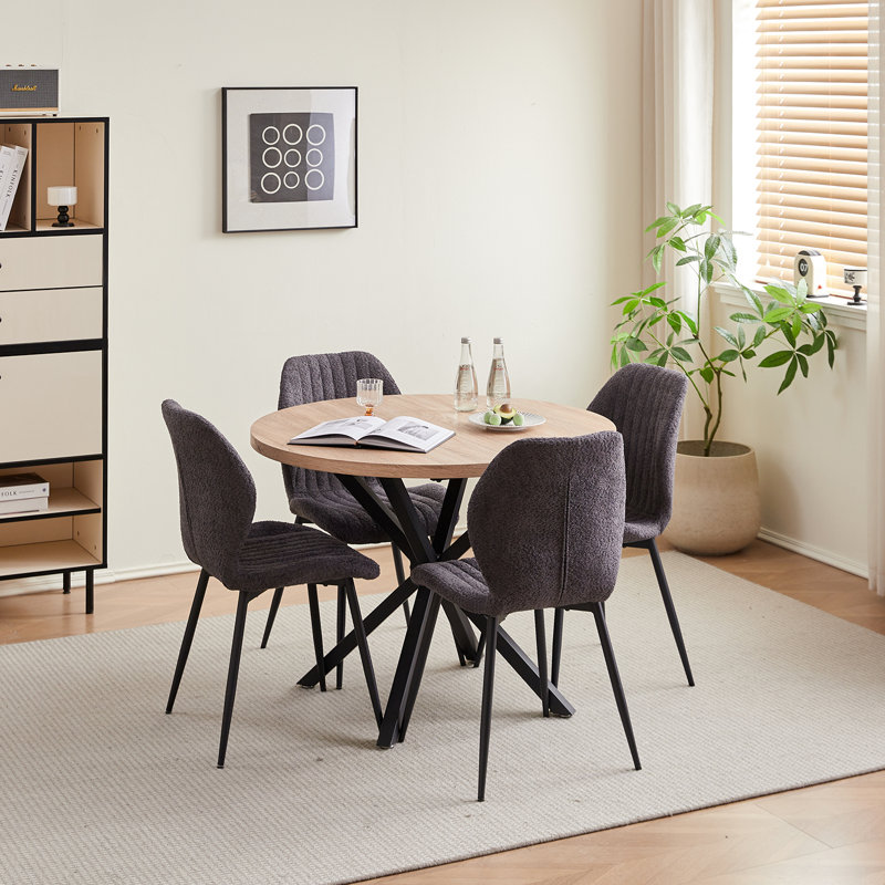 50cm Linen Fabric Upholstered Dining Chair, Vertical Stitched Kitchen Chair with Black Metal Legs, Black
