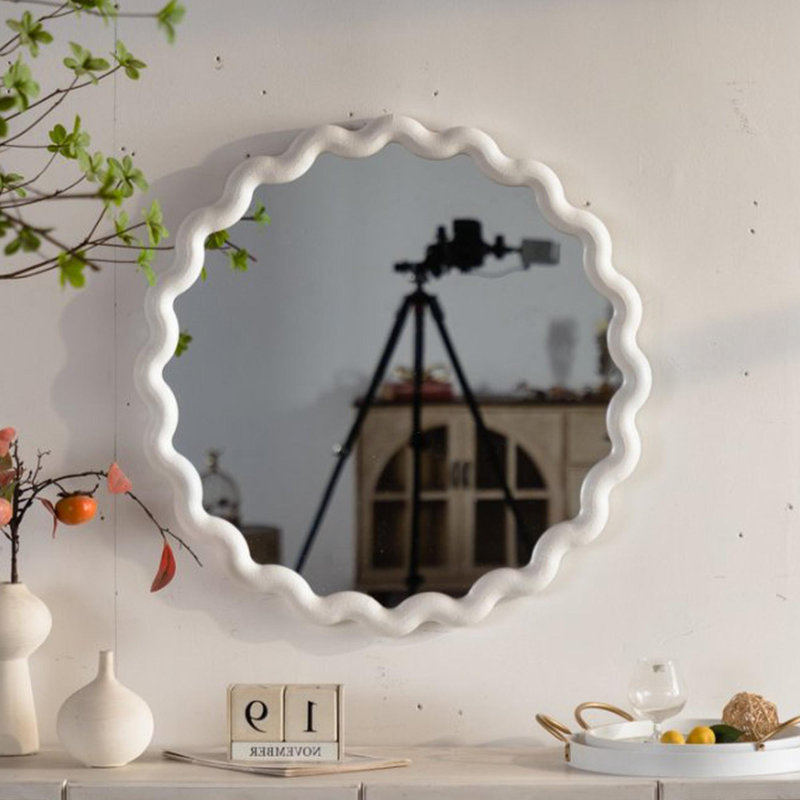 Miroir mural blanc festonné rond, cadre ondulé pour décor de salon / chambre à coucher / salle de bain