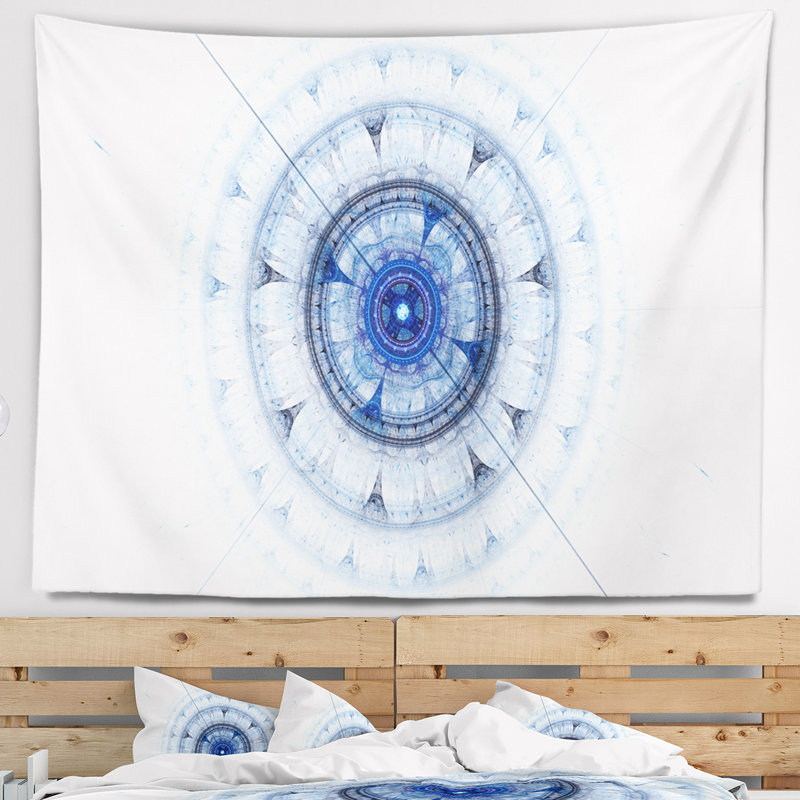 Tapisserie abstraite de style cabalistique fractale bleue, H 32 po x l 39 po