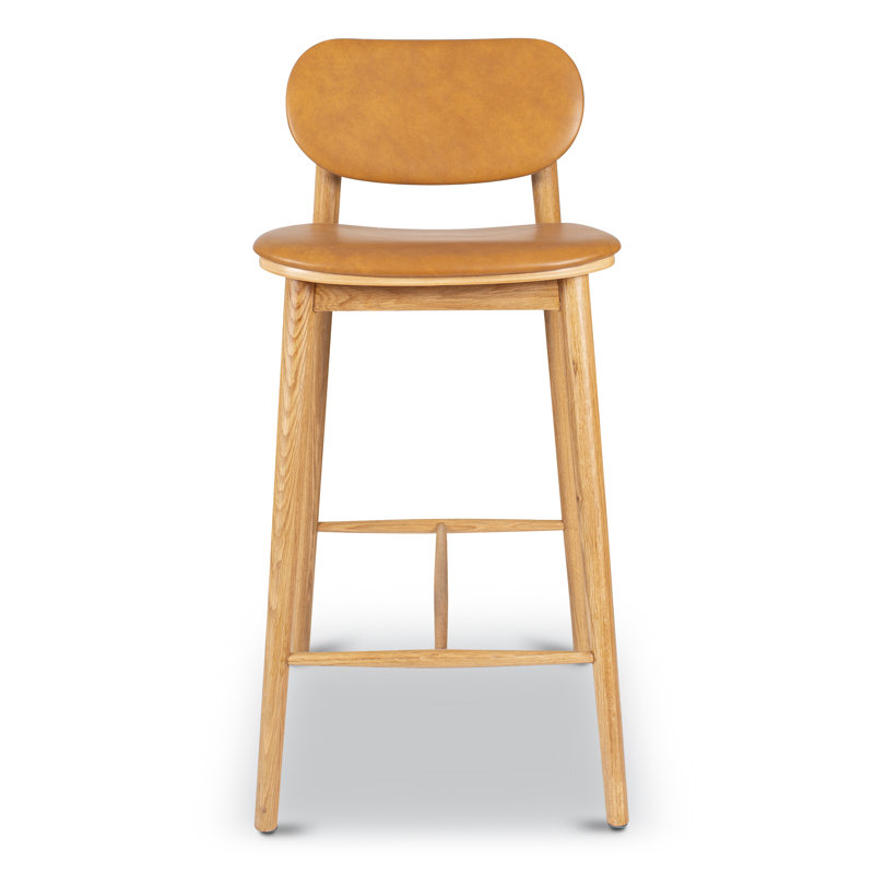 Tabouret de comptoir en cuir véritable de 26 po de hauteur Bonato, Cuir brun clair / structure en chêne
