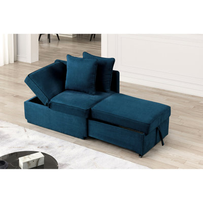 Chaise convertible transitionnelle avec coussins et rangement en tissu bleu pour espace de vie