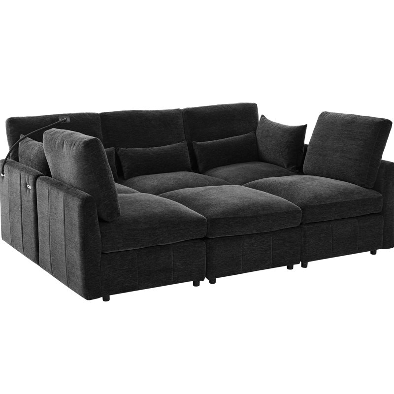 Black Chenille 85.4" Sectional With Movable , Two Charging Ports, Phone Holder, And Soft Seating Experience Multi - Functional L Shaped Modular Built In Comfortable Lumbar Support Material