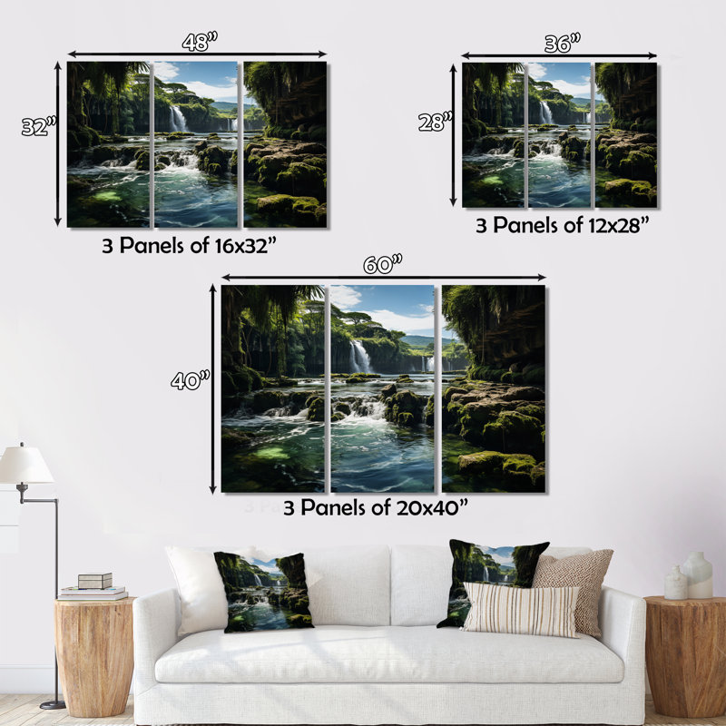 Cascade de dominicains, reproduction sur toile 3 pièces, H 28 po x l 36 po x P 1 po