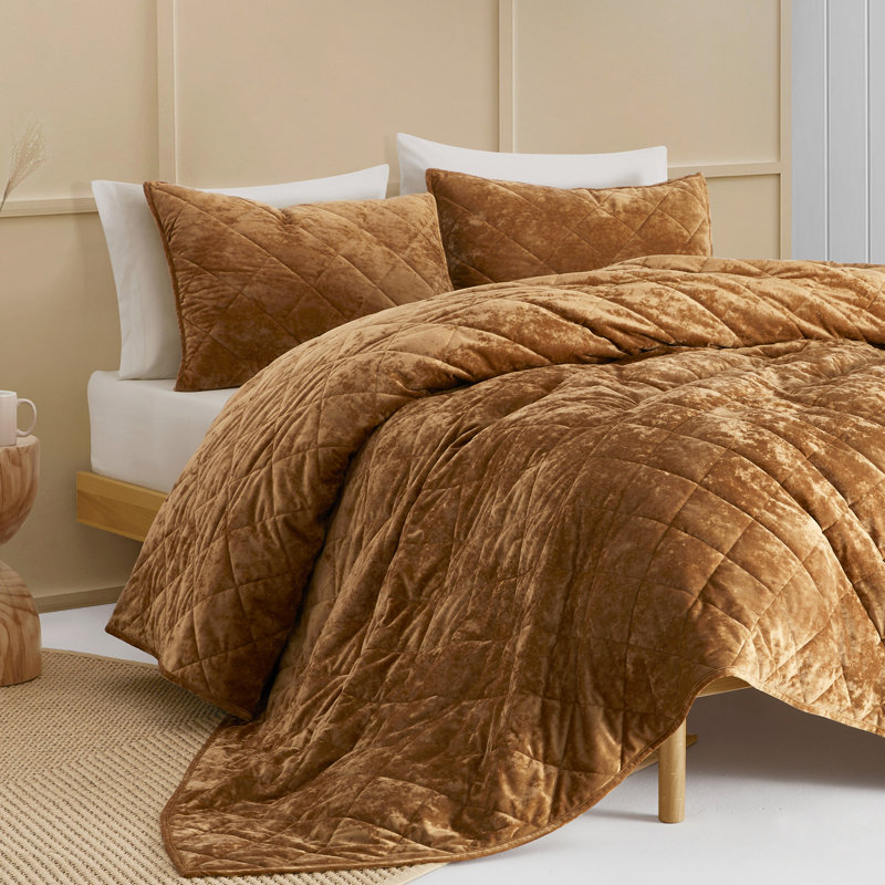 Wonderful Velvet & Flannel Quilt Set, Diamond Quilting Lightweight Comforter with Pillow Shams, Holiday Gift, Caramel Brown