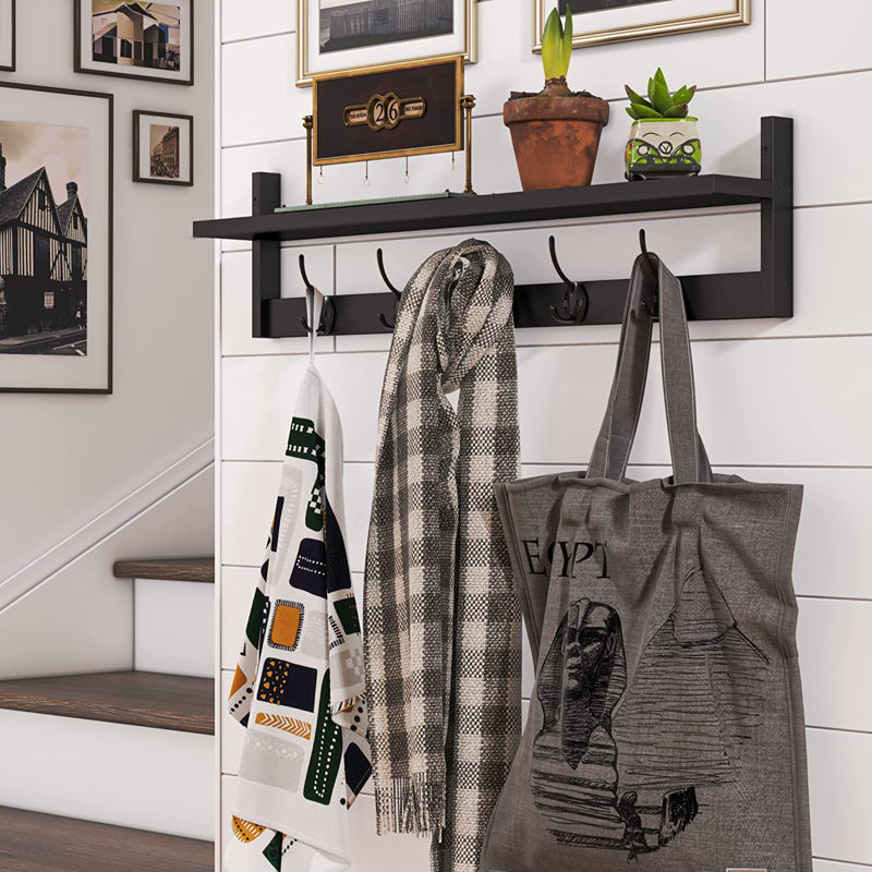 Solid Wood Wall 5 - Hook Wall Mounted Coat Rack, Black