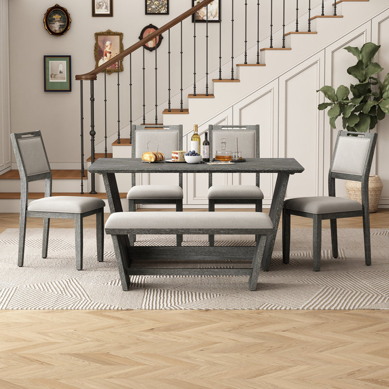 6-Piece Retro Dining Set, 1 Rectangular Table with 4 Upholstered Chairs and 1 Bench, Grey