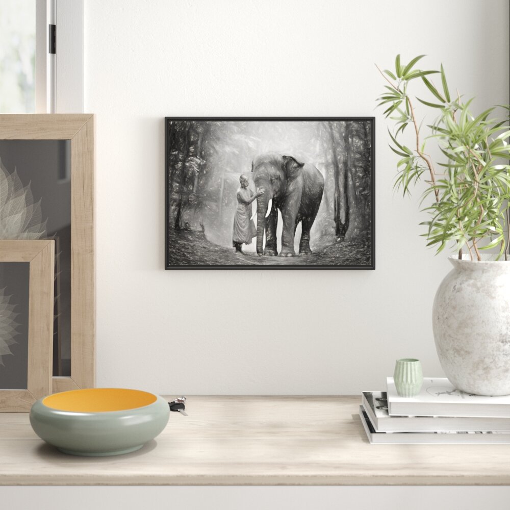 Gerahmtes Wandbild Elefant mit Mönch