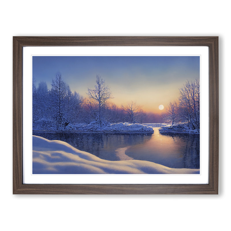 Winter Forest Lake Sunrise - Framed Print, 34cm H x 46cm W x 2cm D, Walnut