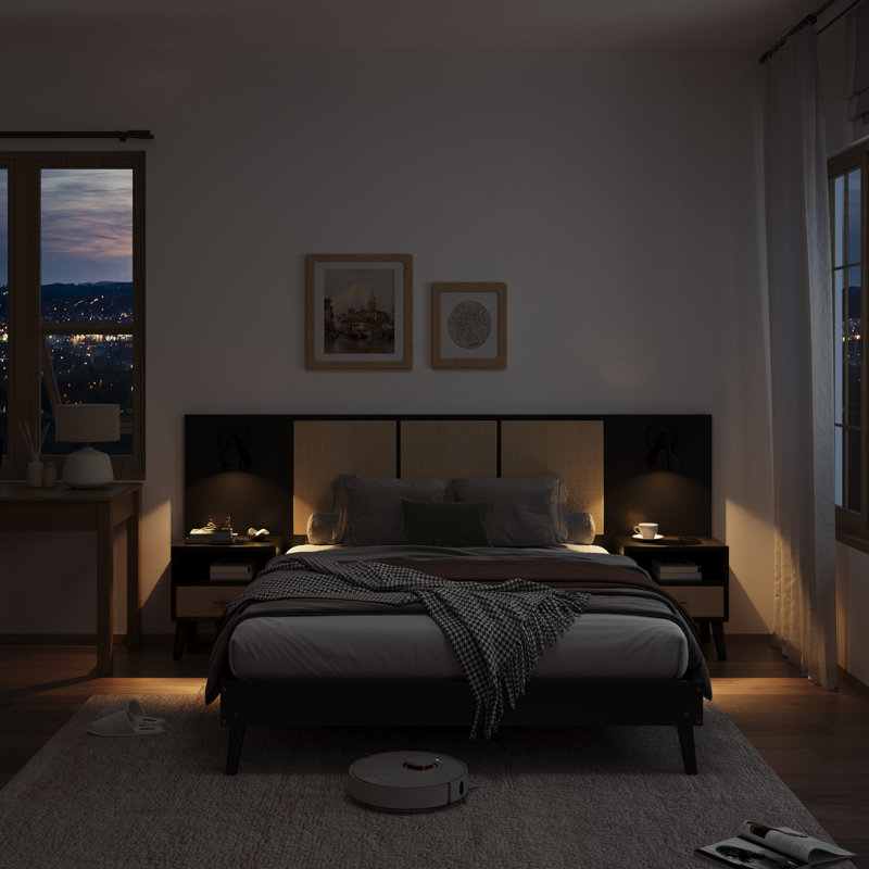 Structure de lit grand en bois massif avec 2 tables de chevet, tête de lit avec lumières, Noir