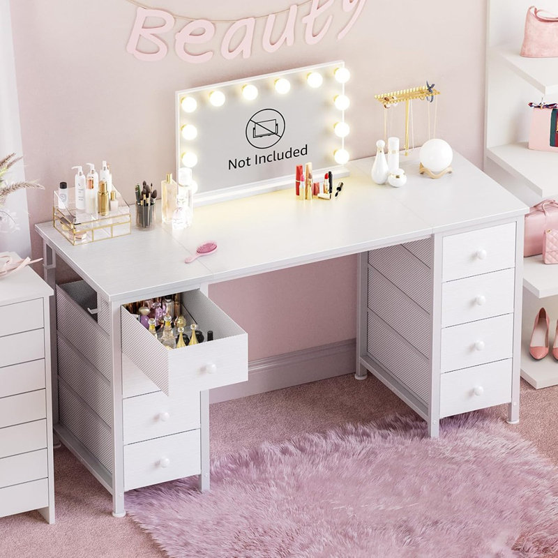 Bureau de meuble-lavabo blanc sans miroir - bureau d'ordinateur blanc de 47 pouces avec 8 tiroirs en tissu des deux côtés pour les filles, bureau de travail d'écriture de maquillage, coiffeuse sans miroir pour chambre à coucher
