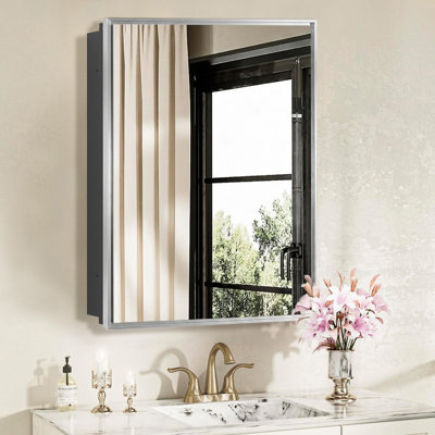 Armoire à pharmacie à cadre en aluminium 24 po x 30 po, armoire à miroir à montage en surface ou encastrée avec grand espace de rangement