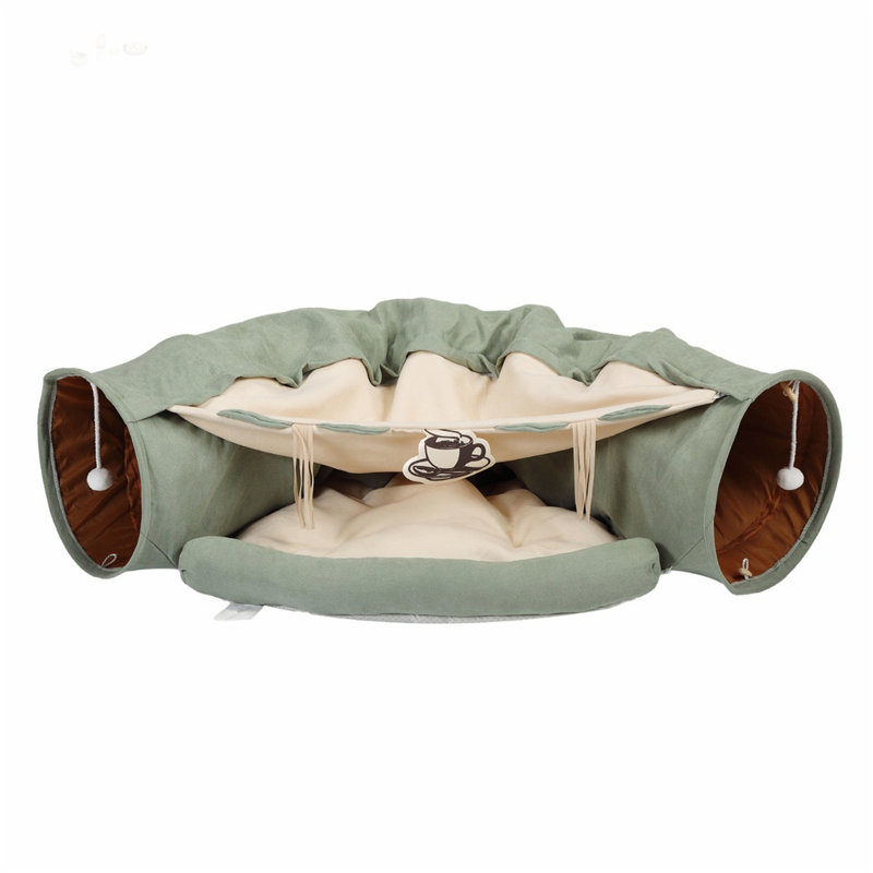Cat's Telescopic Tunnel with Cushioned Bed and Teasing Balls, Bright Green, for Play and Rest