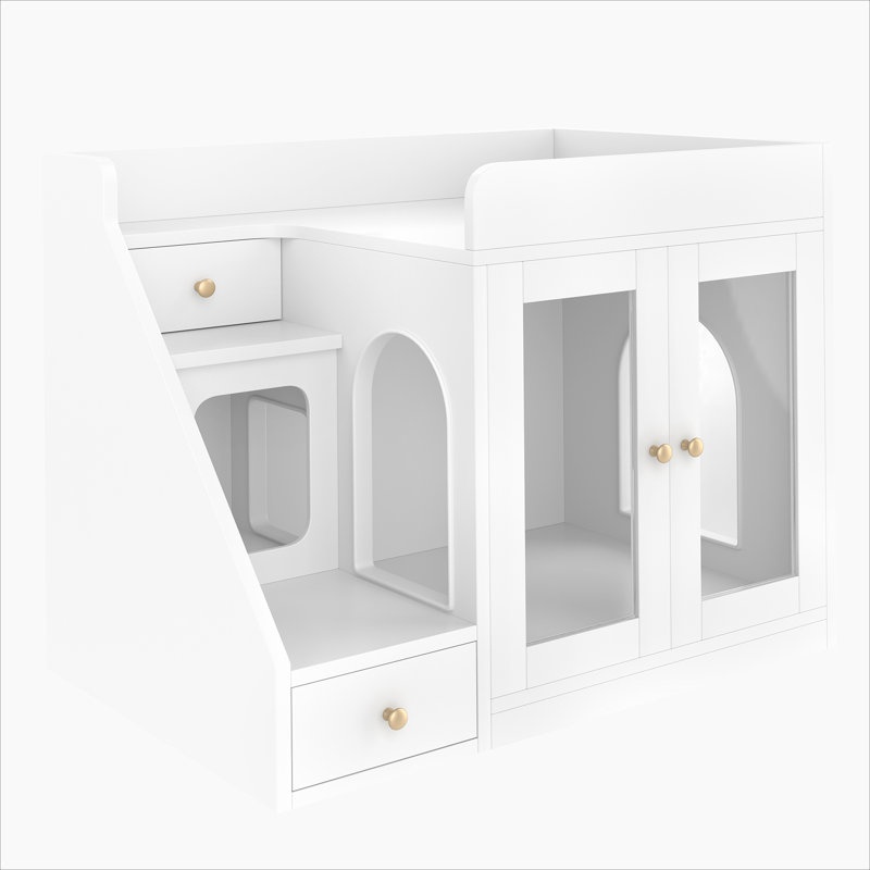 Enceinte de litière pour chat avec lumière, meuble de litière caché avec 2 tiroirs de rangement, table d'appoint intérieure pour chat, blanc
