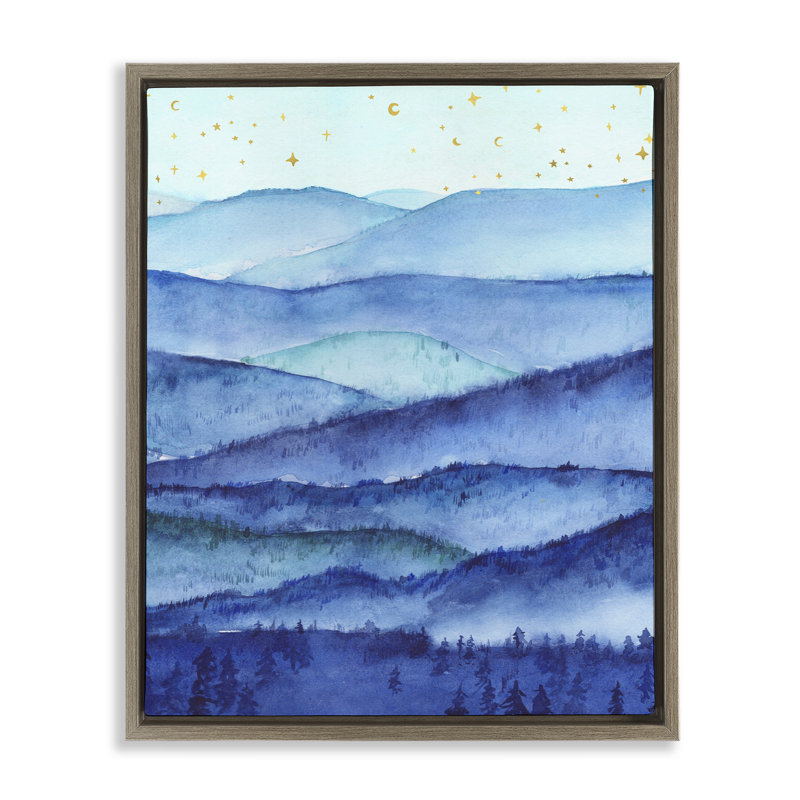 Paysage de montagnes bleues et d'arbres, H 21 po x l 17 po, Cadre flottant orme Montalcino