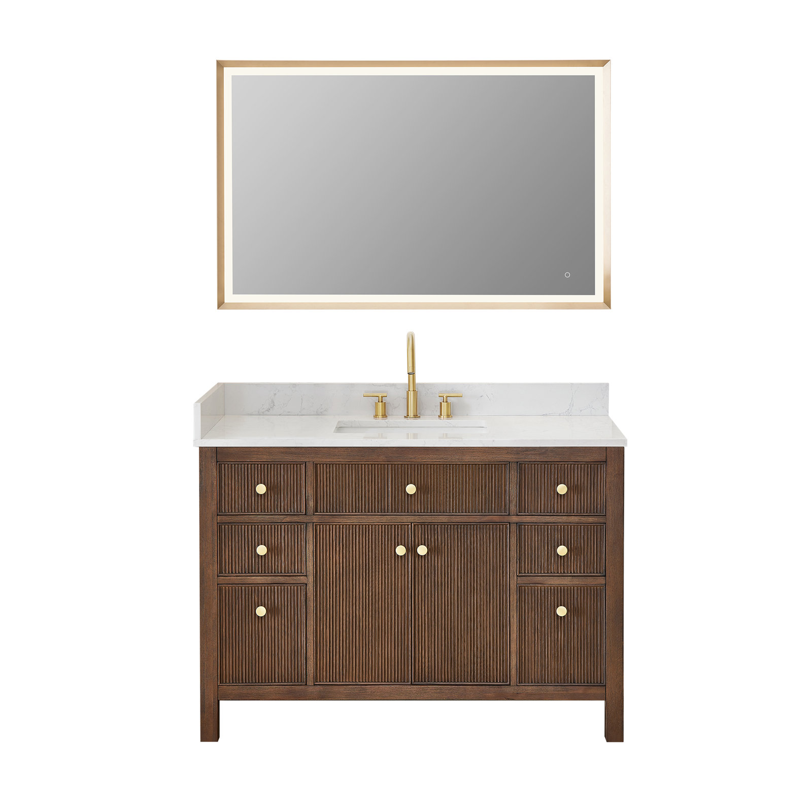 Lala 48" Single Bathroom Vanity with Grain White Engineered Stone Countertop with Mirror, Brown Brushed Oak