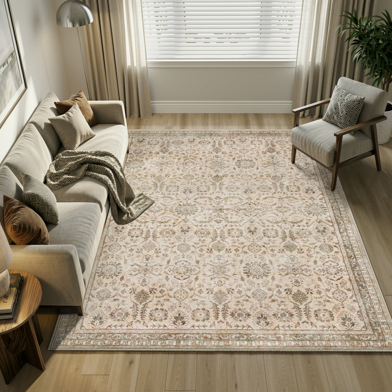 Watte Vintage Floral Border Area Rug, Non-Slip, Washable Beige for Living Room & Bedroom, Rectangle 8' x 10'