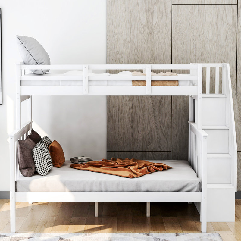 Lit superposé blanc avec rangement et garde-corps. Construire. Escalier fonctionnel. Améliore l'apparence de la chambre à coucher. Assemblage. Aucune boîte à ressorts requise. Espace de rangement pour escalier, blanc. Sécuritaire pour.
