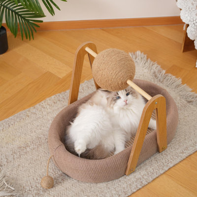 Fairela - Lit pour chat moderne en bois avec boule en sisal suspendu