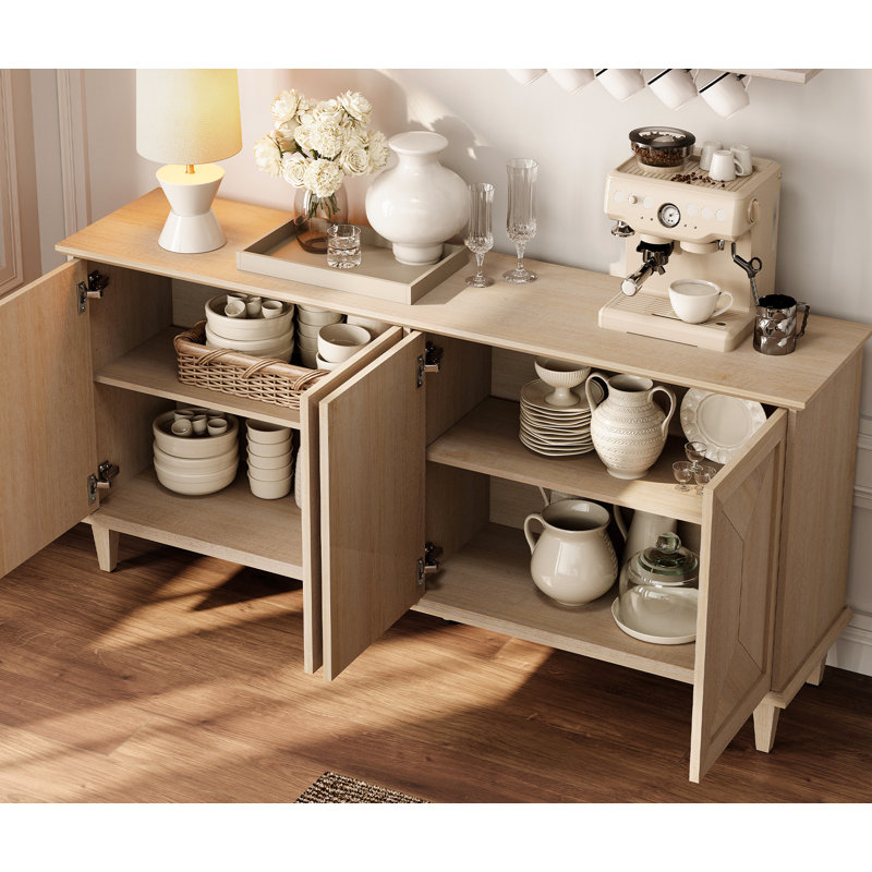Meuble télé 65 po de style campagne moderne avec portes en patchwork fabriquées à la main pour téléviseurs de 55 à 75 po, console de divertissement avec gestion des câbles, tablettes de rangement réglables pour le salon, chêne clair