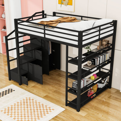 Full Metal Loft Bed With Shelves And Wardrobe