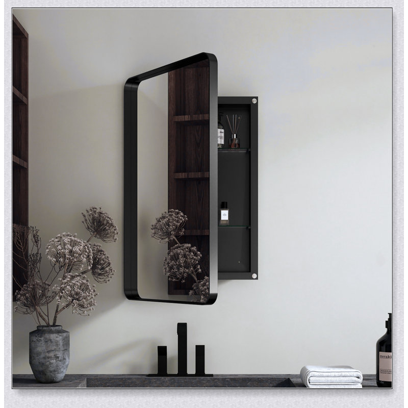 Pharmacie rectangulaire encastrée / à fixation en aluminium avec DEL, miroir et horloge pour salle de bain moderne, Noir