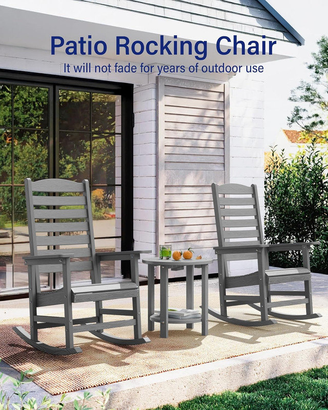 Chaise berçante d'extérieur à bascule pour l'extérieur toutes saisons avec dossier courbé et chaise berçante en plastique pour porche, pelouse, cour, jardin, gris