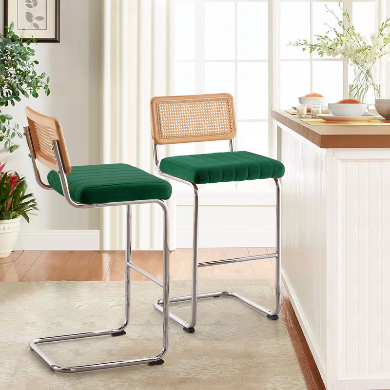 Tabouret rembourré en velours Krickelin, Argent, Vert foncé, Tabouret de bar (siège d’une hauteur de 30 po)