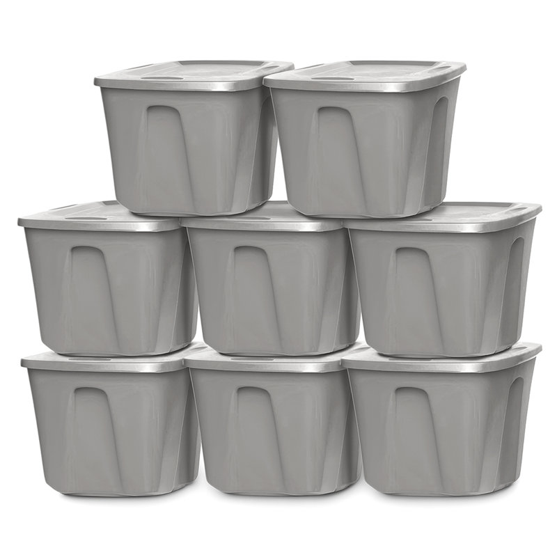 Contenant de rangement en plastique robuste de 10 gallons Homz, argent titane (paquet de 8)