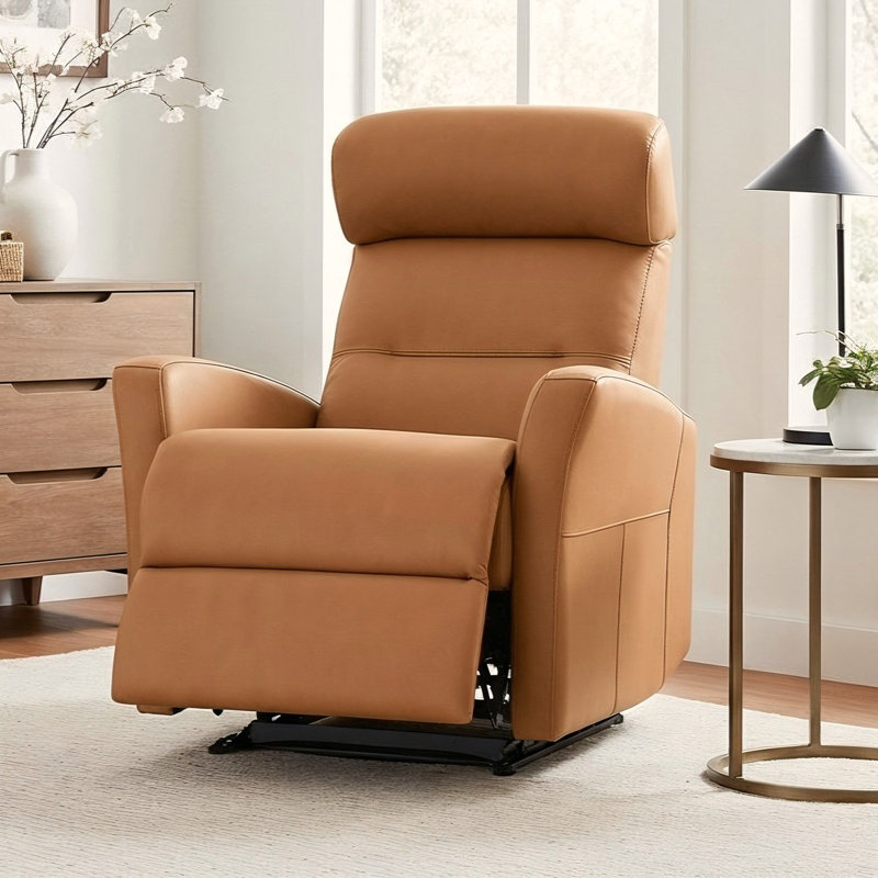 29" W Top Grain Leather Power Recliner with Adjustable Headrest & USB Ports, Tan